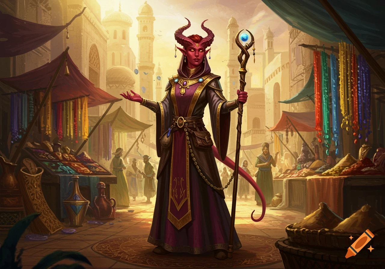 A red-skinned Tiefling cleric with horns and a tail, dressed in dark robes, stands in a bustling, sunny market.