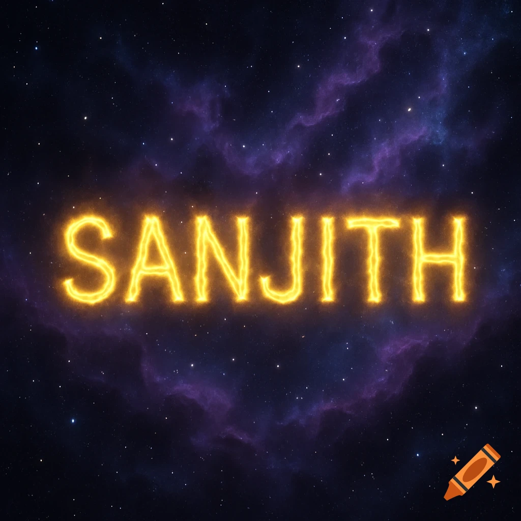 The name 'SANJITH' in glowing yellow letters against a dark blue and purple nebula background with stars.