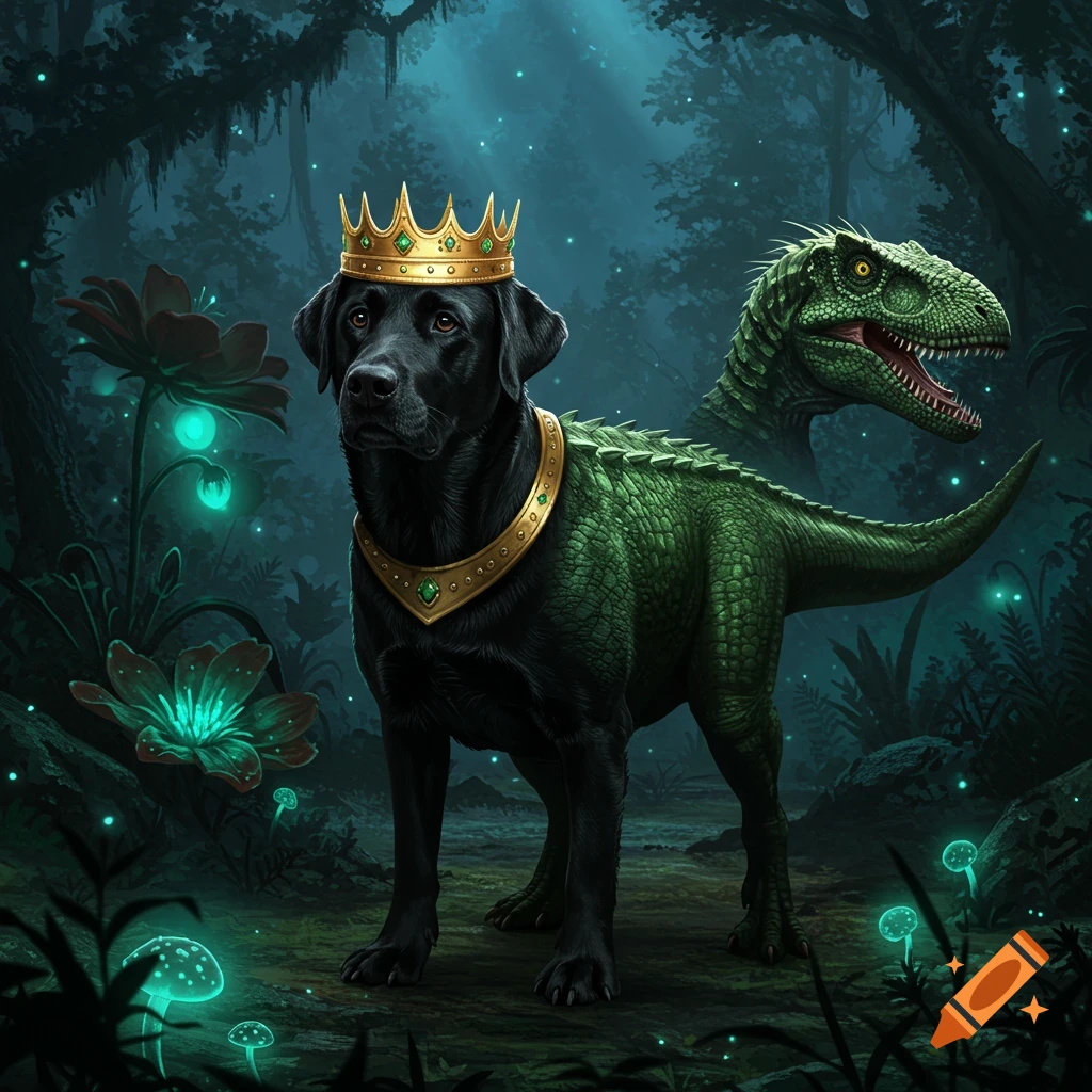 A black Labrador with a green dinosaur body and a second dinosaur head, wearing a gold crown, stands in a glowing magical forest.
