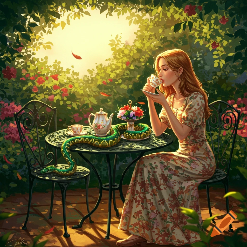 A woman drinks tea at a wrought-iron table in a lush garden, with a large green snake coiled around the teapot.