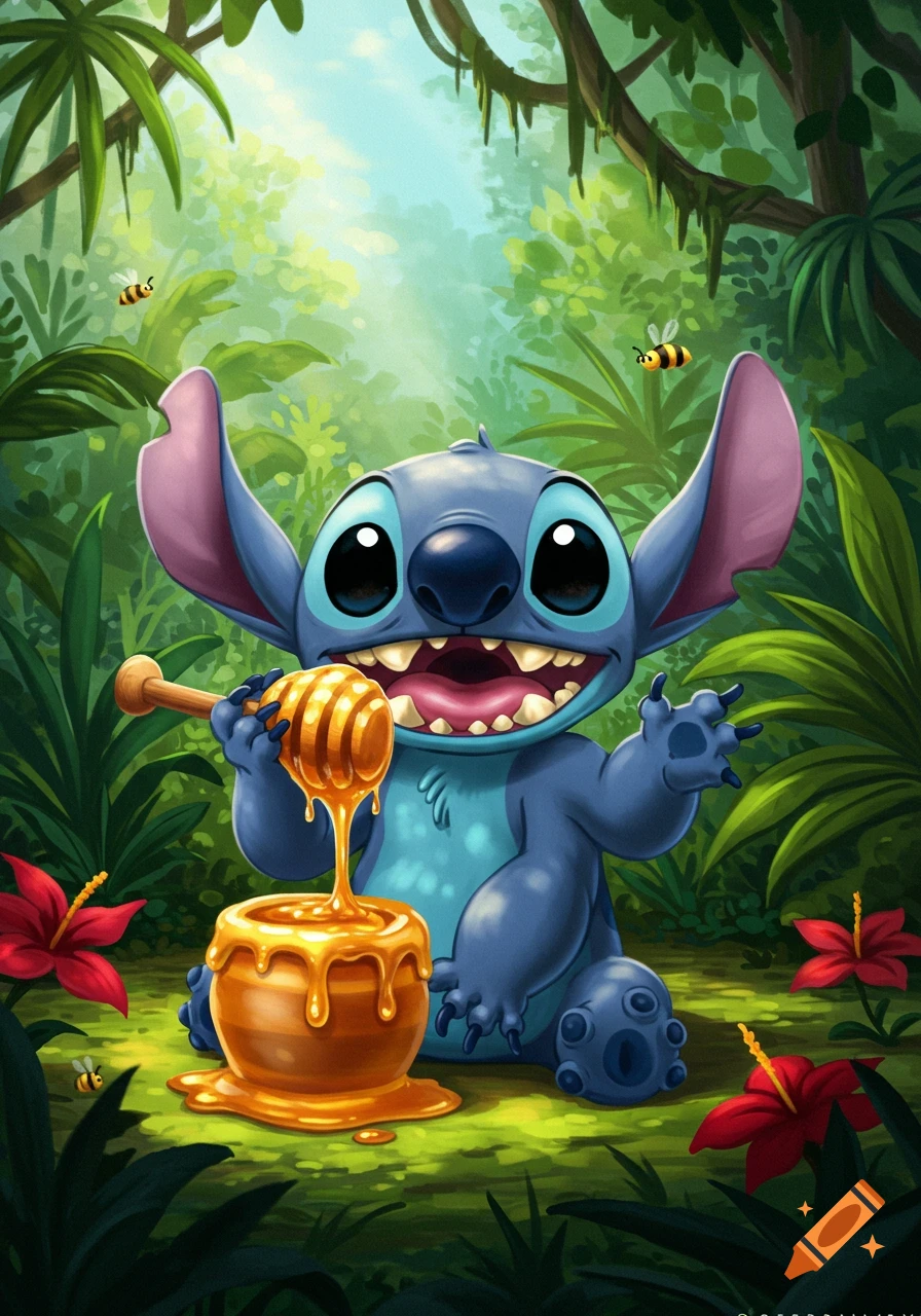 Cartoon illustration of Stitch, the blue alien, eating honey from a pot in a lush green jungle with red flowers.