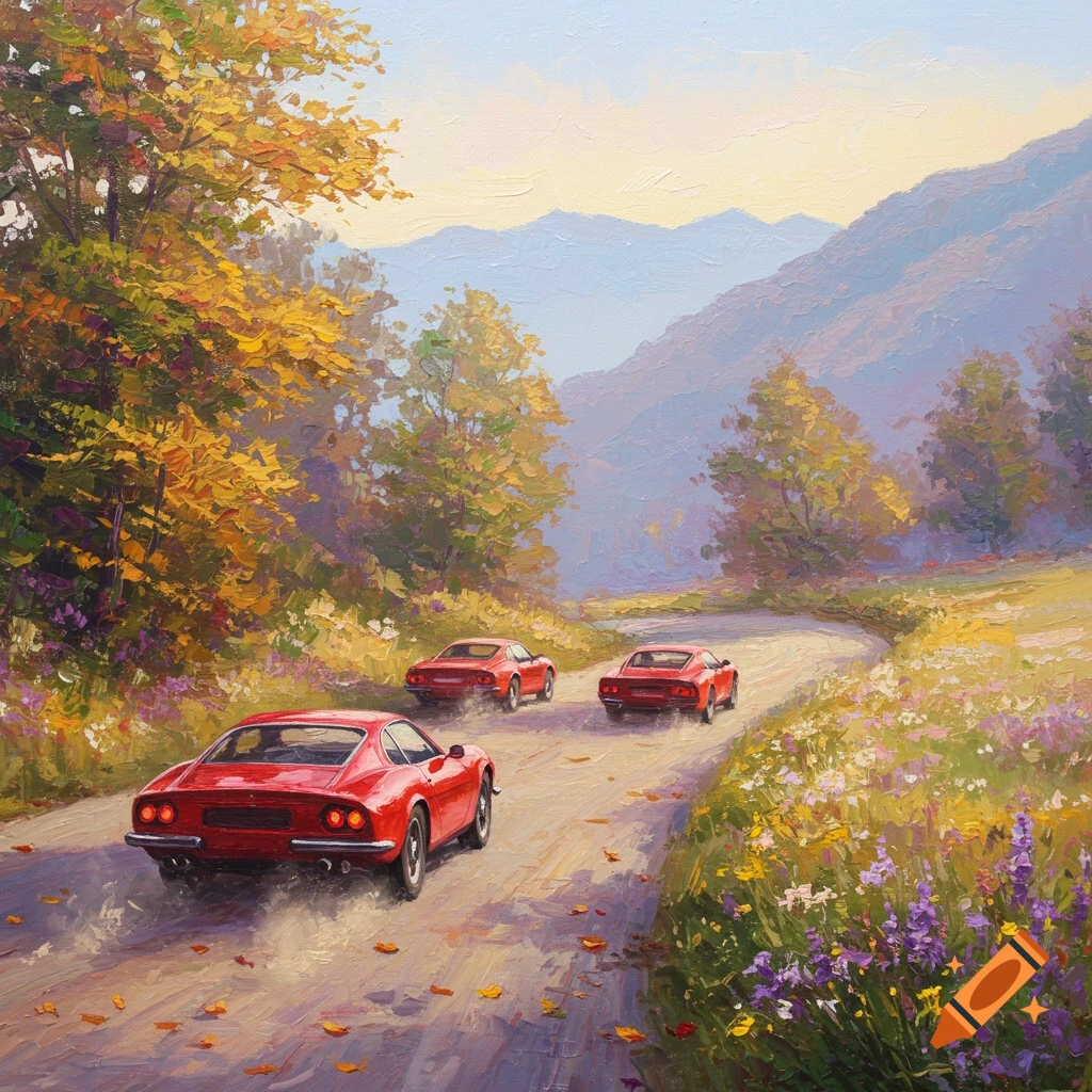 Three red sports cars drive on a winding dirt road through an autumn mountain landscape, depicted in an Impressionistic painting style.