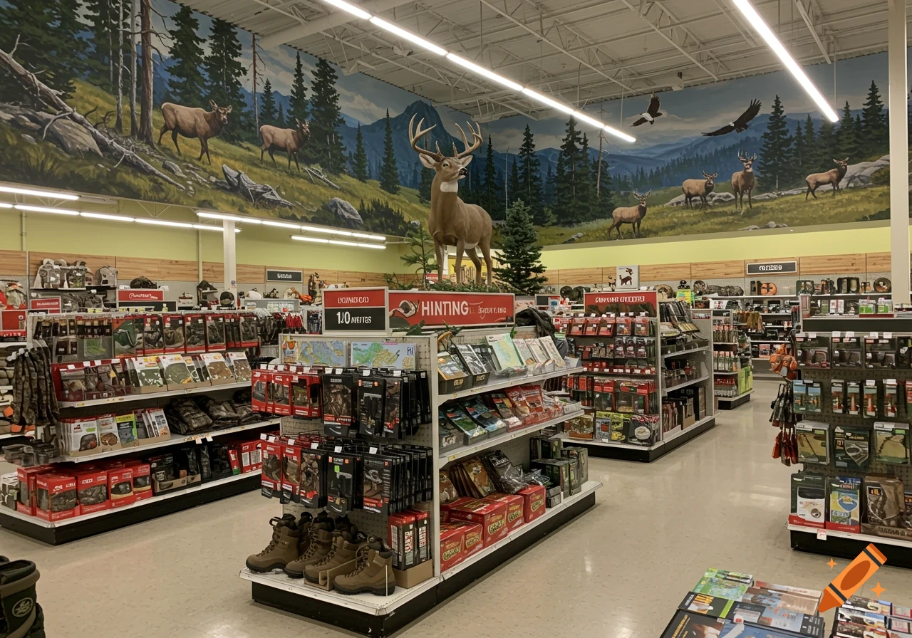 A wide shot of a hunting section inside a retail store, featuring aisles of gear, a large taxidermy deer, and a mural of a forest with animals.