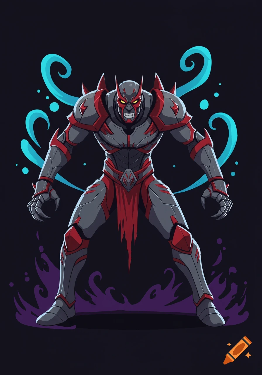 Stylized illustration of a powerful, armored monster character with red and grey armor, glowing yellow eyes, and sharp claws, against a dark background with energy effects.