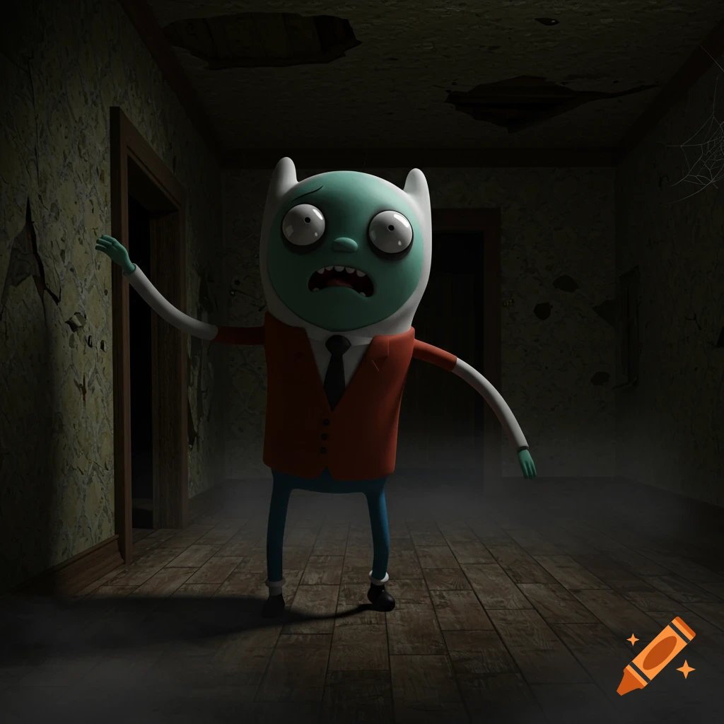 A photorealistic, scared Gunter from Adventure Time stands in a dark, dilapidated hallway.