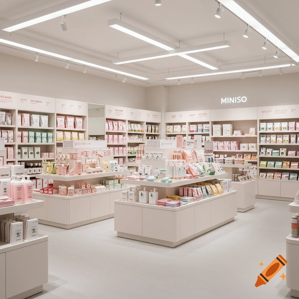 A bright, clean, minimalist retail store interior with shelves and display tables filled with pastel-colored products.