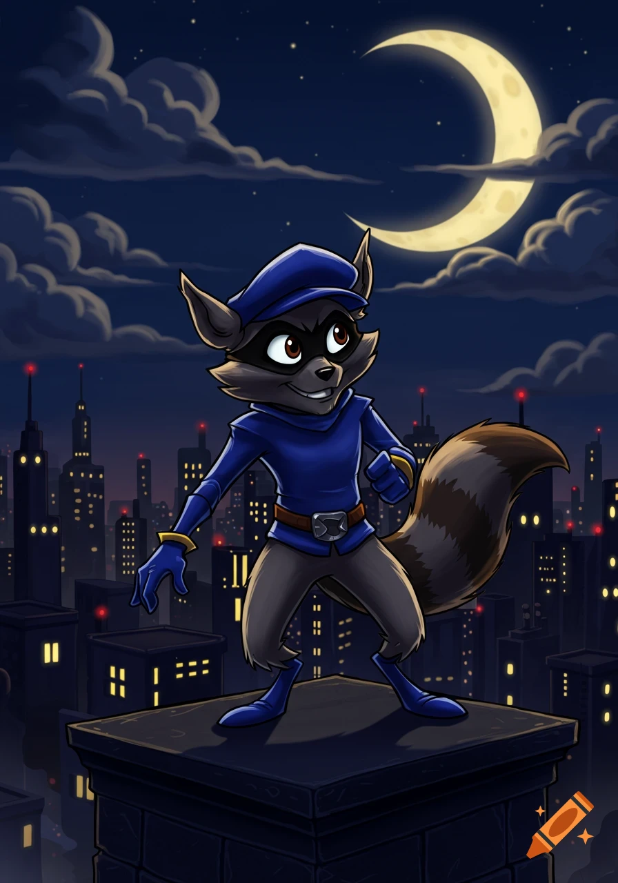 Cartoon raccoon character in a blue outfit standing on a rooftop at night, overlooking a city skyline with a crescent moon.