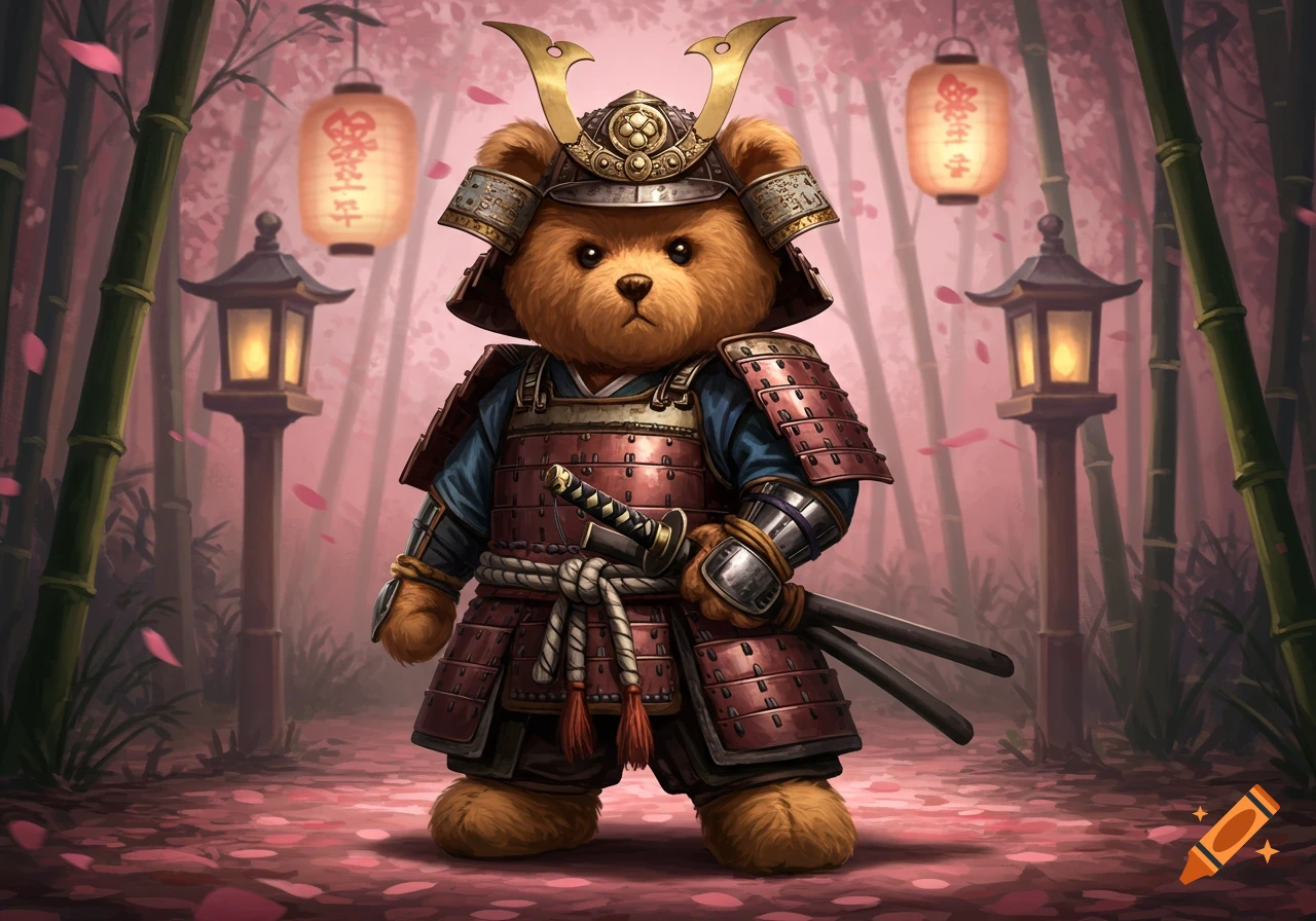 A cute teddy bear dressed in red samurai armor and a horned helmet, holding two katanas, stands in a pink bamboo forest with lanterns.
