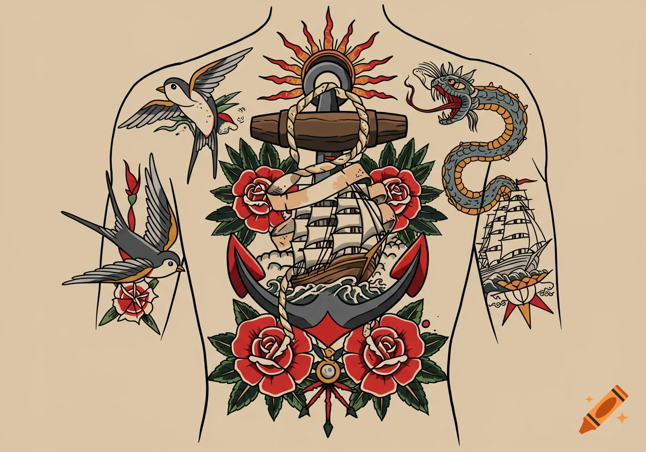 An illustration of classic traditional tattoo designs covering a human back, featuring an anchor, sailing ship, roses, swallows, and a snake.