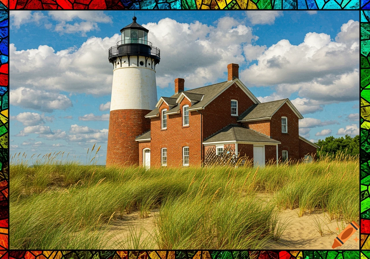 East Point Lighthouse and keeper's house on a sandy dune with green grass, under a cloudy sky, framed by a stained glass border.