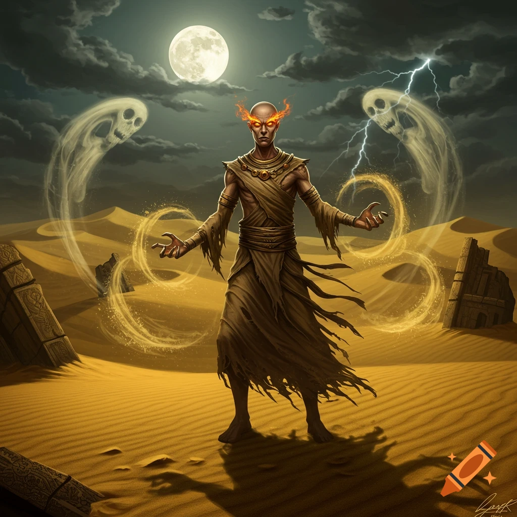 A bald wizard with fiery eyes stands in a full moonlit desert, conjuring magic with two ghostly skull figures.