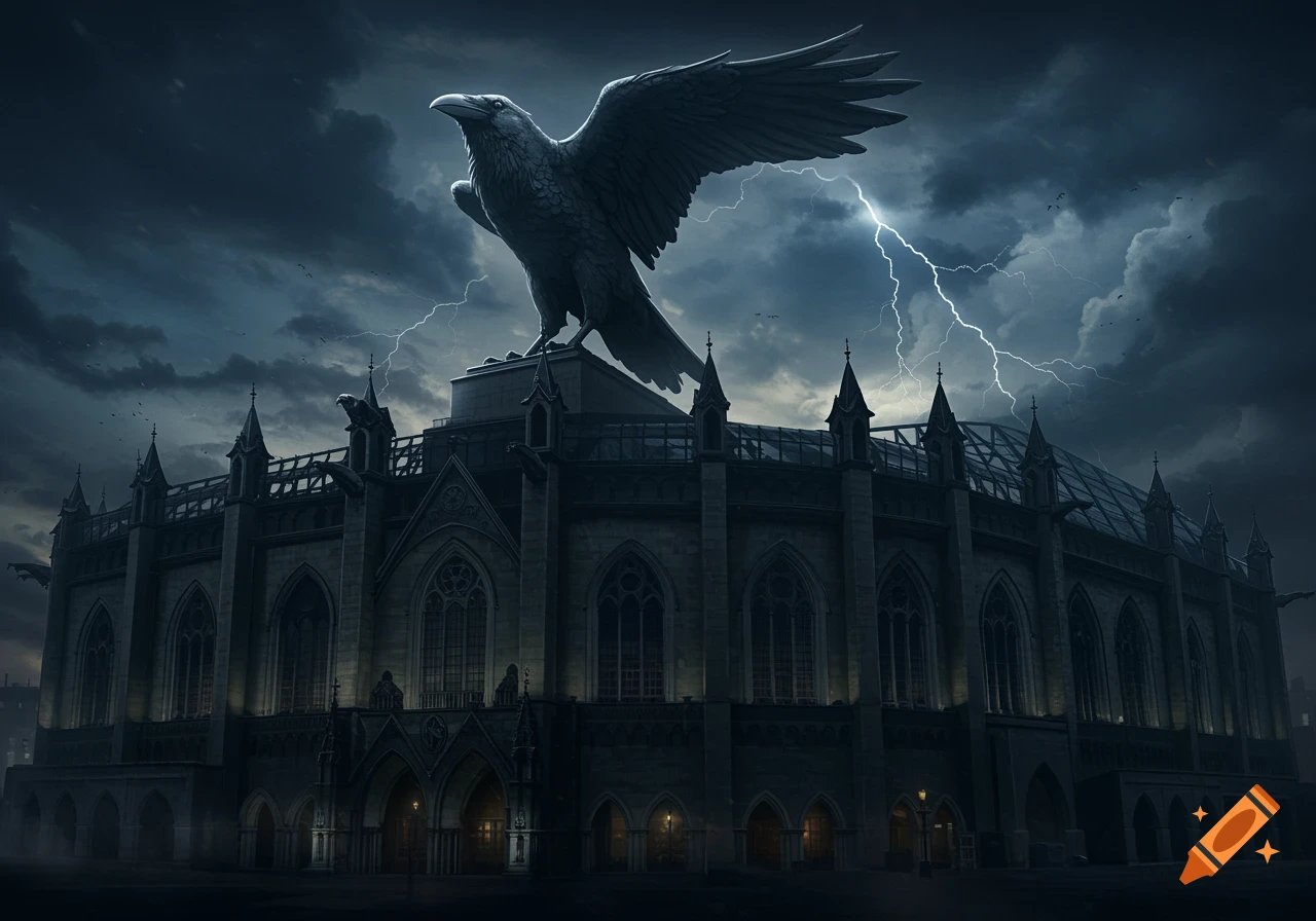 A dark, gothic stadium with a giant raven statue on its roof under a stormy, lightning-filled sky.