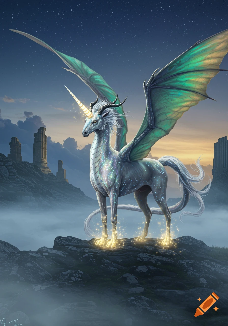 A majestic winged unicorn with shimmering scales stands on a rocky outcrop amidst a misty, starlit landscape with ancient ruins.