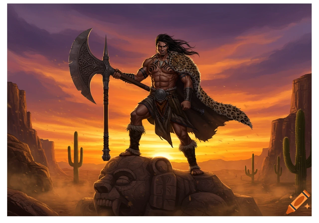 Heroic barbarian with an axe stands on a stone statue in a desert canyon at sunset, digital illustration.