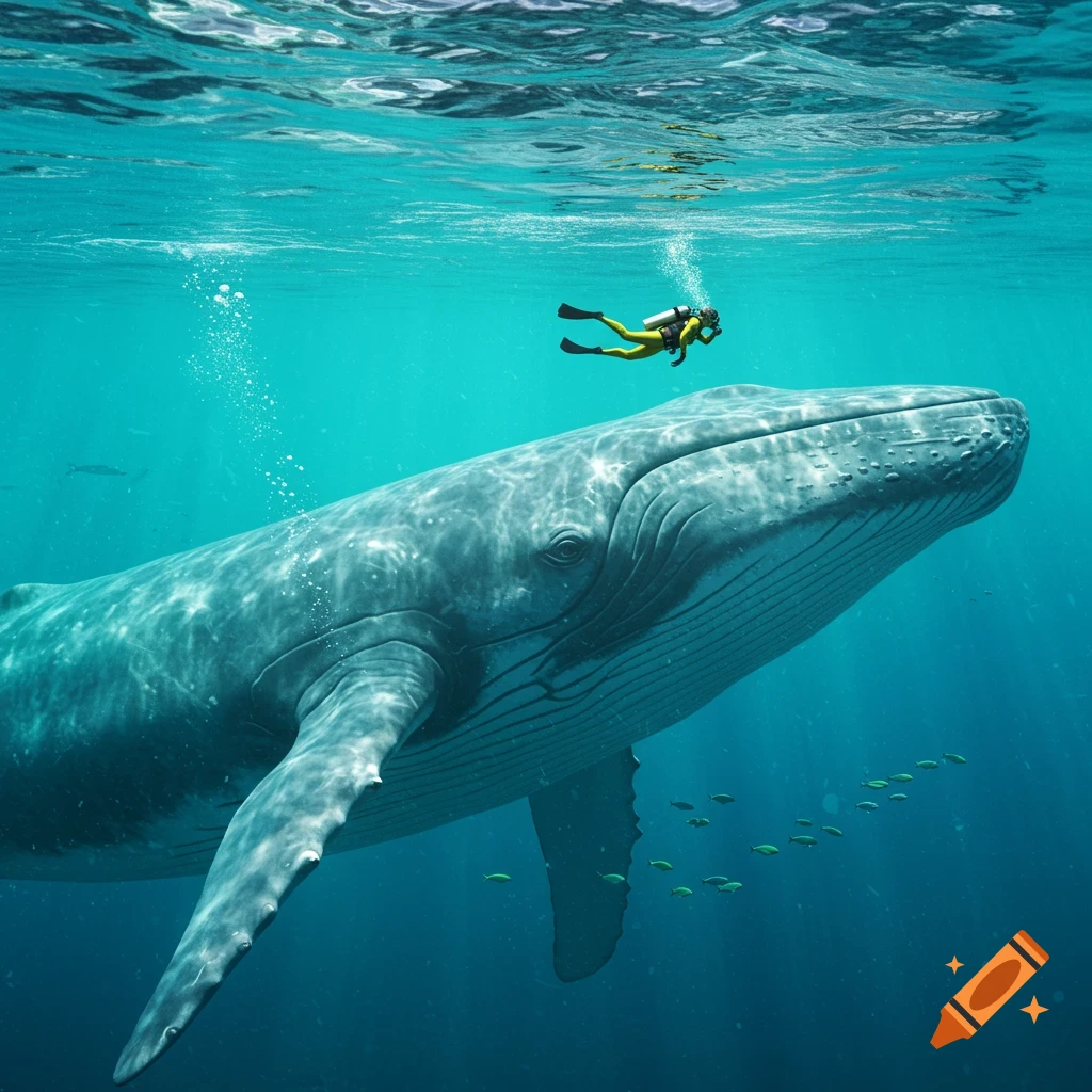 A scuba diver swims near a large whale underwater in clear blue water.