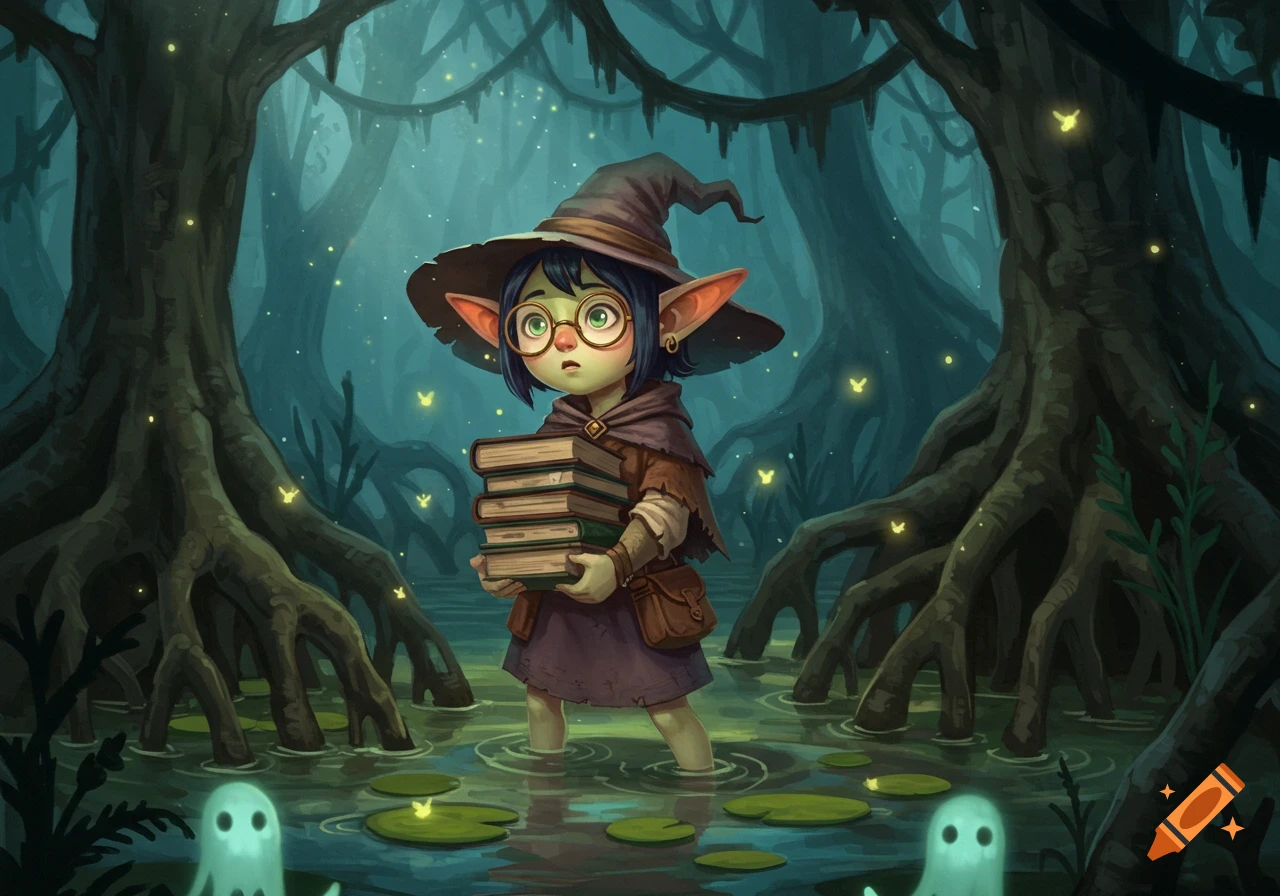 A small, green-skinned goblin witch with glasses and a hat stands in a misty swamp, holding a stack of books, with glowing fireflies and two small white ghosts.