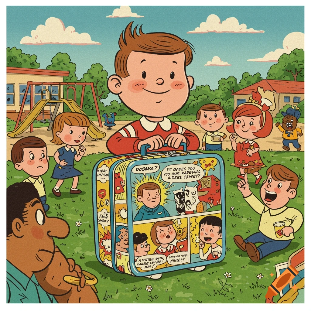 A smiling boy holds a lunchbox featuring comic panels in a 1960s cartoon style, surrounded by other children on a playground.
