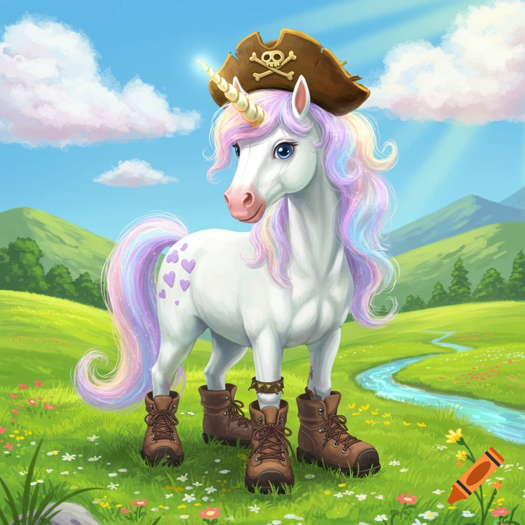 A cartoon unicorn wearing a pirate hat and hiking boots stands in a green field with a stream.