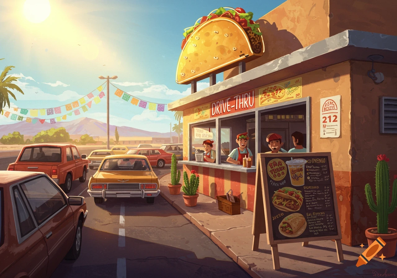 A vibrant illustration of a taco drive-thru restaurant under a sunny sky, with customers in cars and employees at the window.
