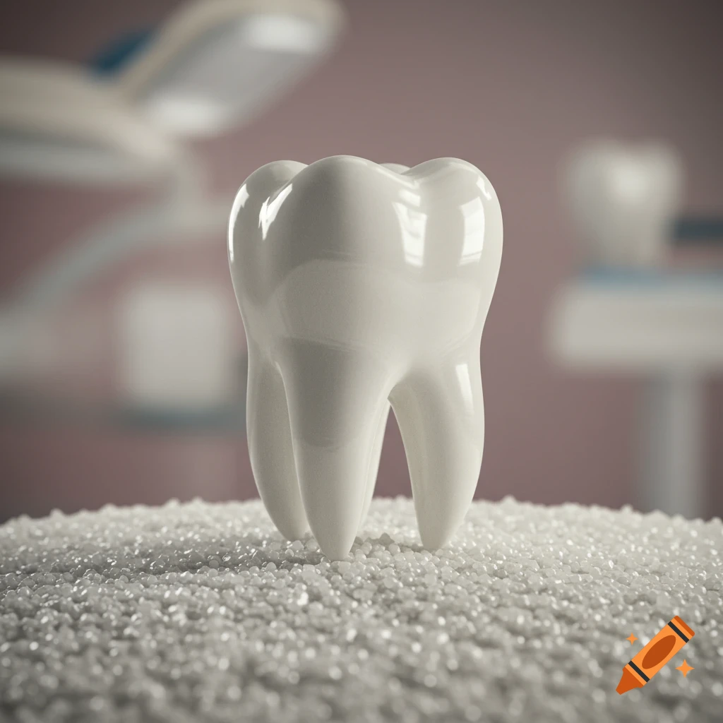 A white human molar stands upright on a bed of white granular material, with a blurry dental office in the background. Photorealistic.