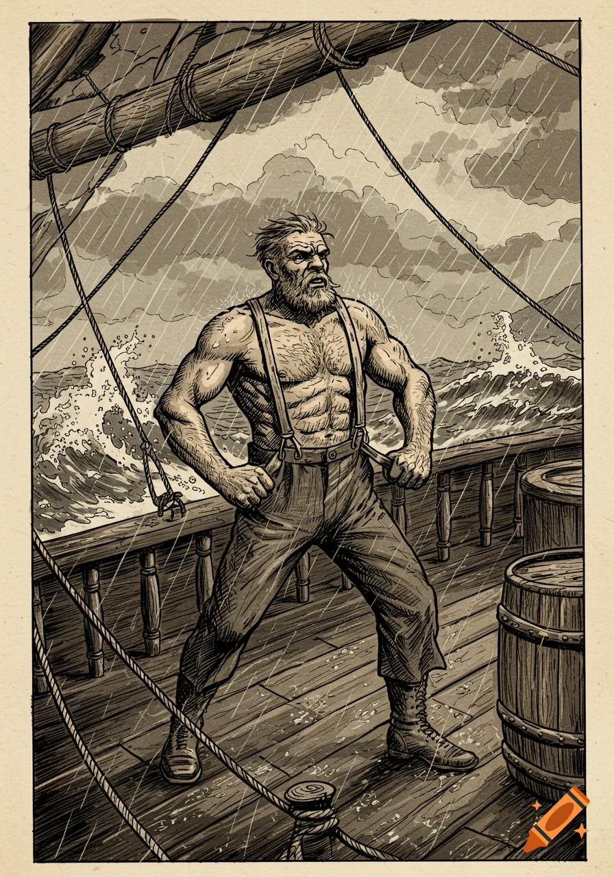 An old-timey sepia-toned illustration of a muscular, bearded man on a stormy ship deck, tightening his suspenders amidst rain and waves.