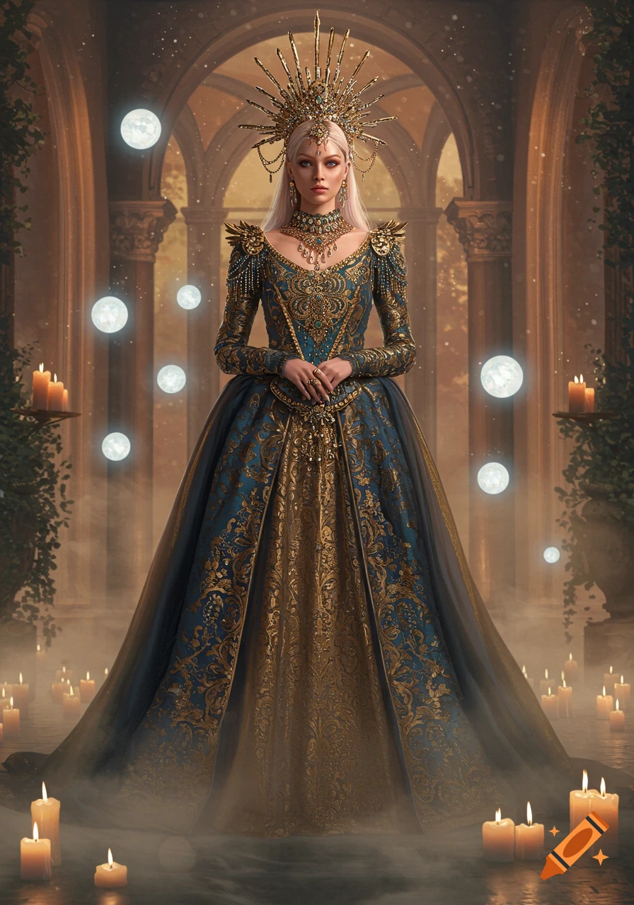 A fantasy portrait of a queen in an elaborate blue and gold gown and crown, standing in an arched hall with candles and glowing orbs.