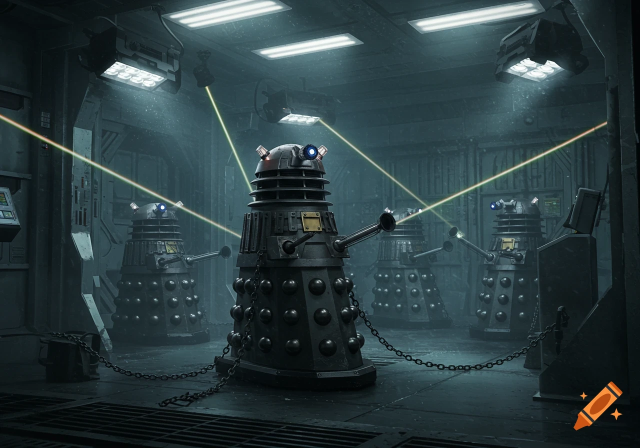 Photorealistic image of multiple dark, weathered Daleks in a futuristic, dimly lit chamber, restricted by chains with laser beams scanning the room.