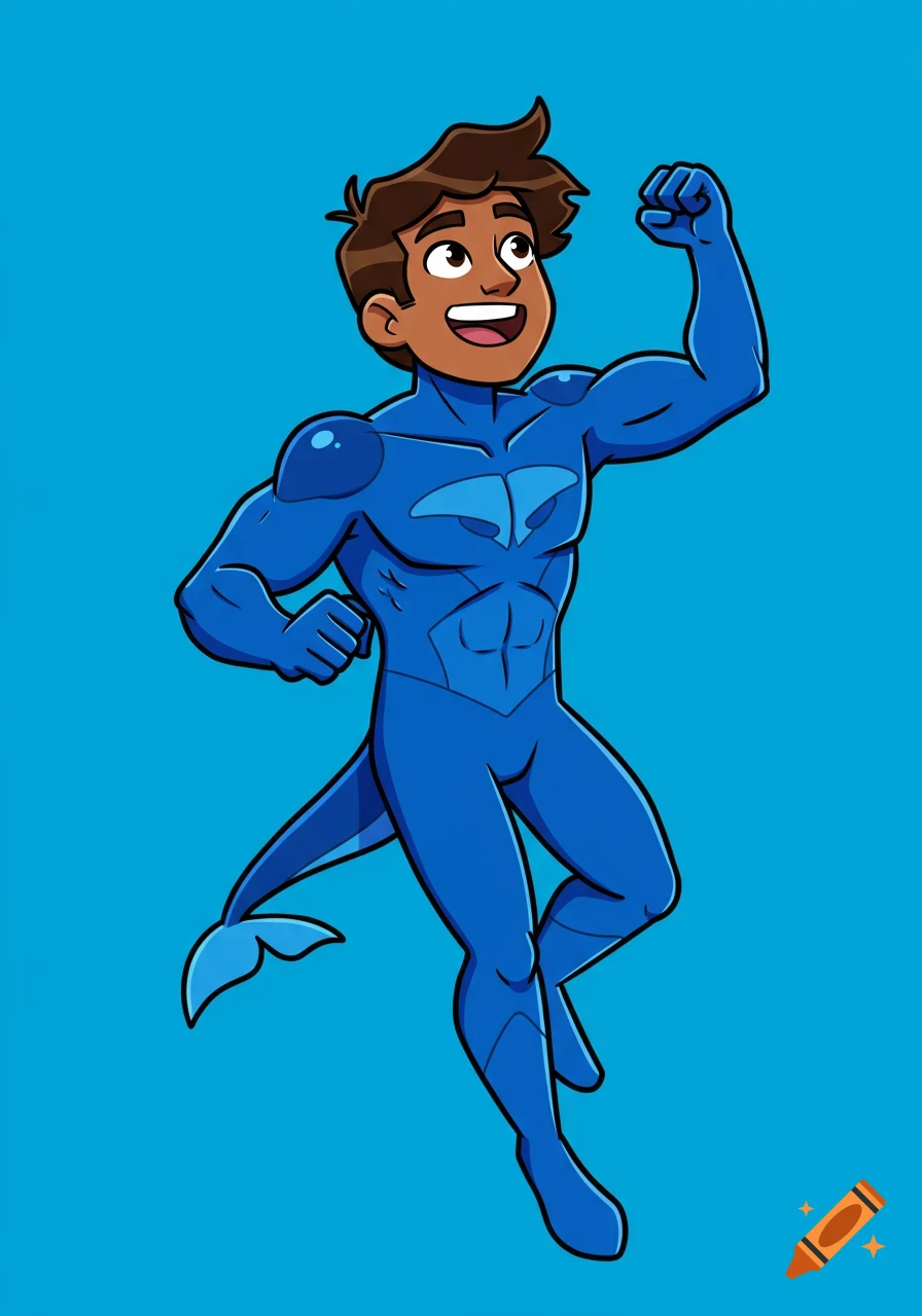 A joyful Latinx superhero in a muscular blue suit with a whale symbol and tail fin poses dynamically in a cartoon style against a blue background.