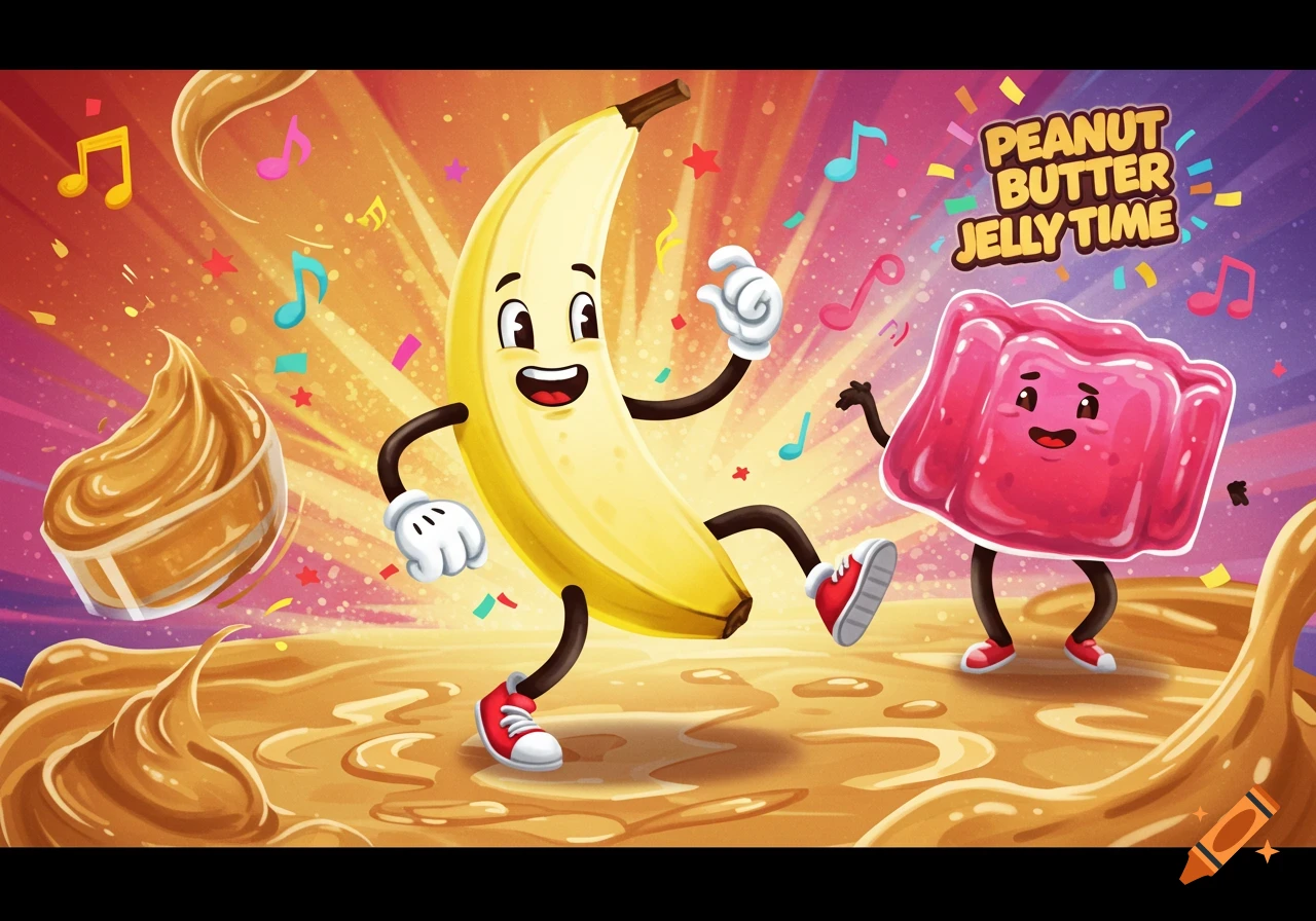 A smiling cartoon banana and a pink jelly cube character dance on a wavy peanut butter surface, surrounded by music notes and confetti in a vibrant, colorful cartoon style.