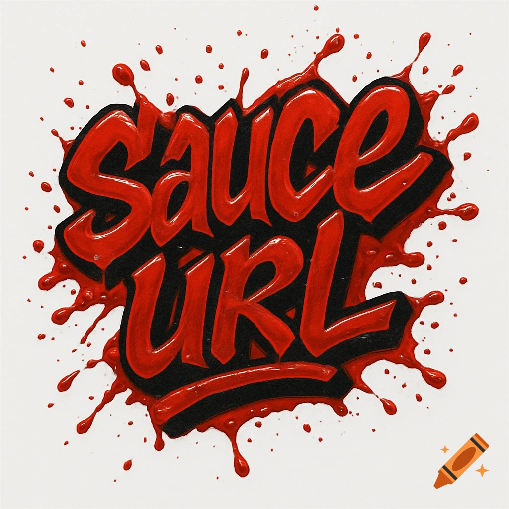 Red graffiti-style text spelling "SAUCE URL" with glossy black outlines, surrounded by splatters and drops of red liquid on a white background.