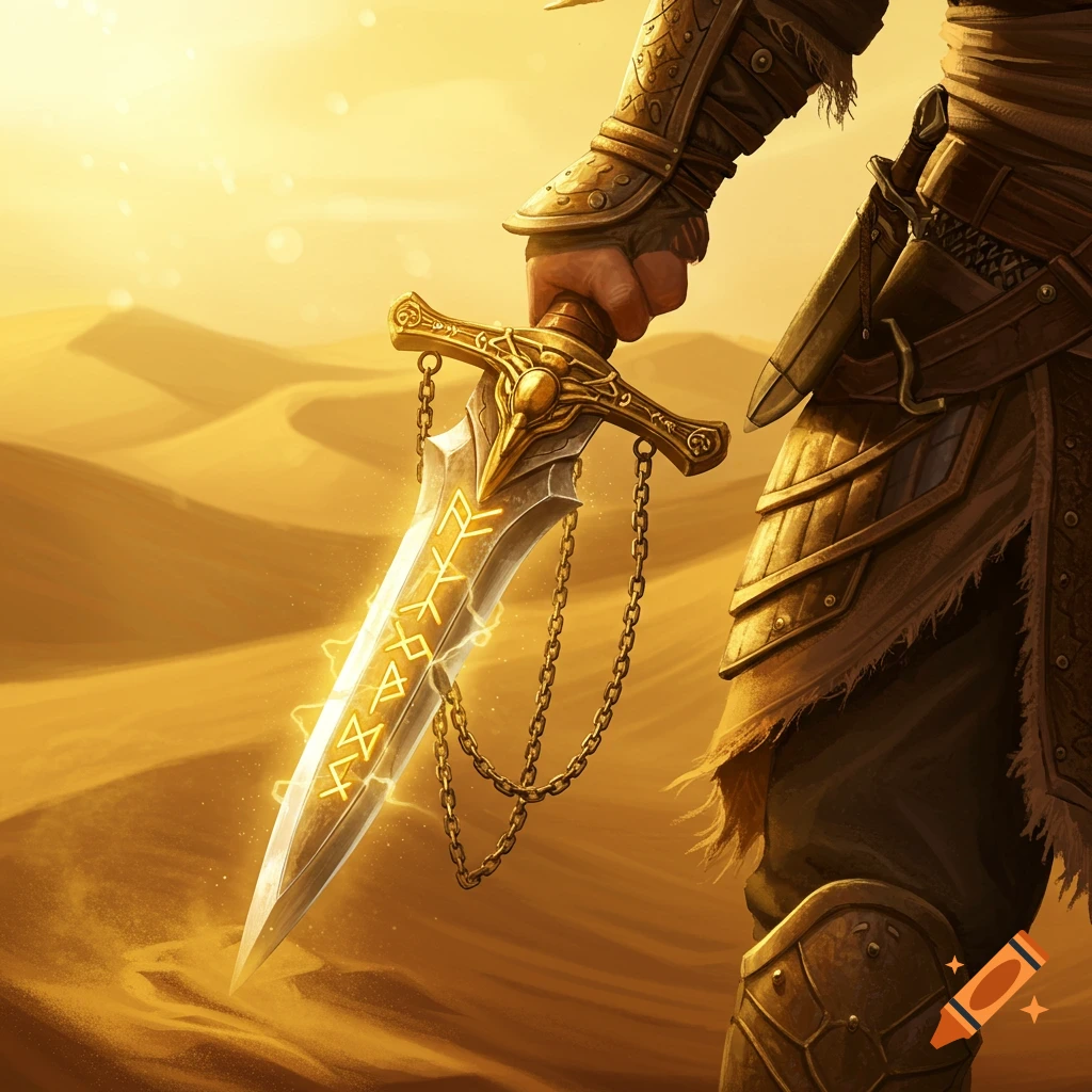 A close-up of an armored hand holding a glowing golden runic dagger with chains, against a sandy desert backdrop.