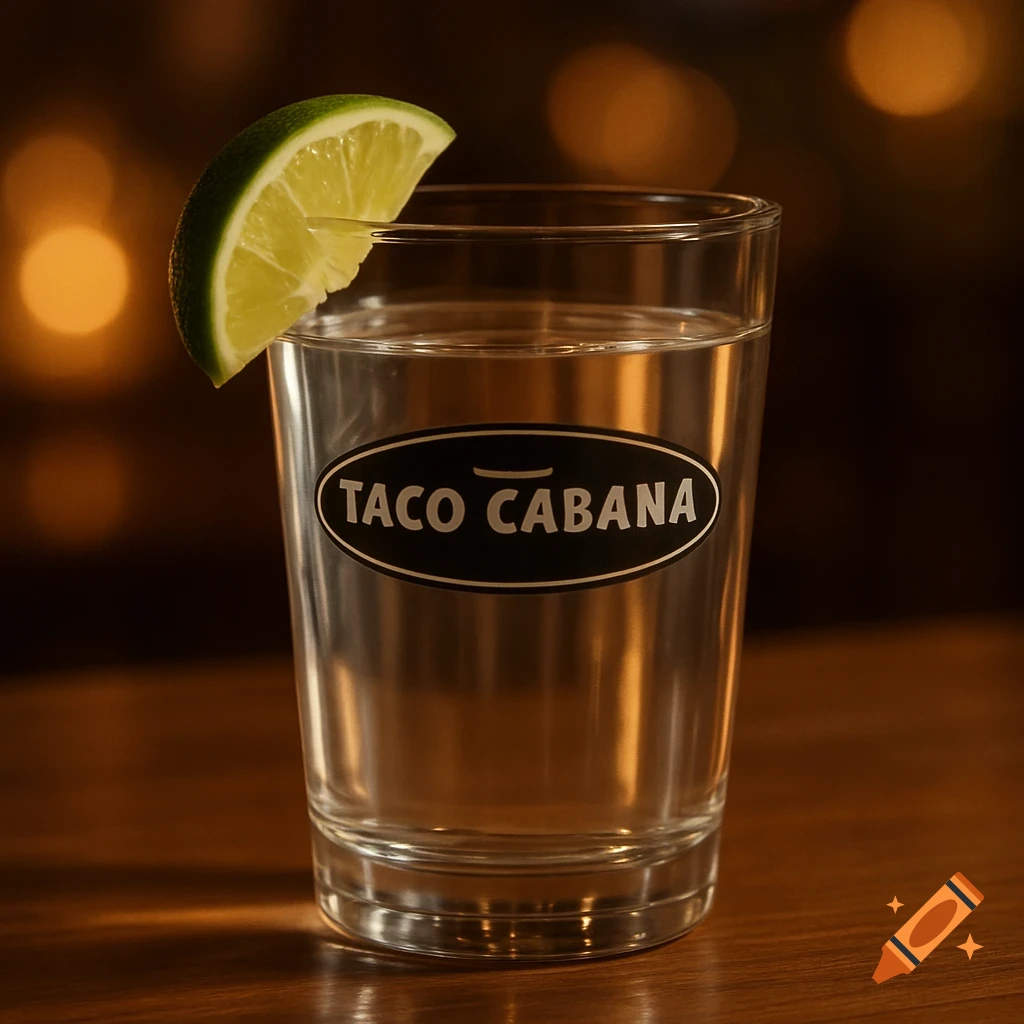 A clear glass tumbler with a lime wedge and 'Taco Cabana' logo on a wooden surface with bokeh lights.