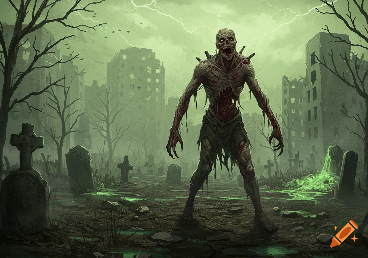A grotesque mutated zombie in a desolate, green-tinted graveyard with ruined city buildings and a stormy sky.
