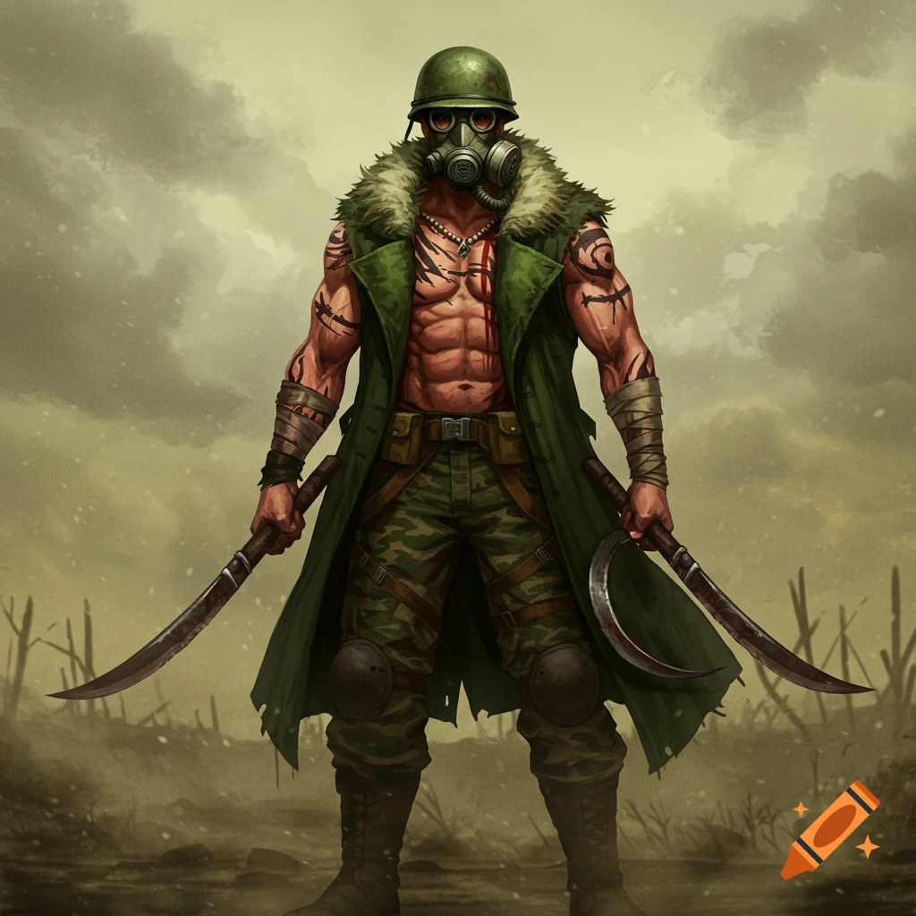 A muscled anime man in a gas mask, military helmet, green coat, and camo pants, holding two curved blades in a desolate landscape.