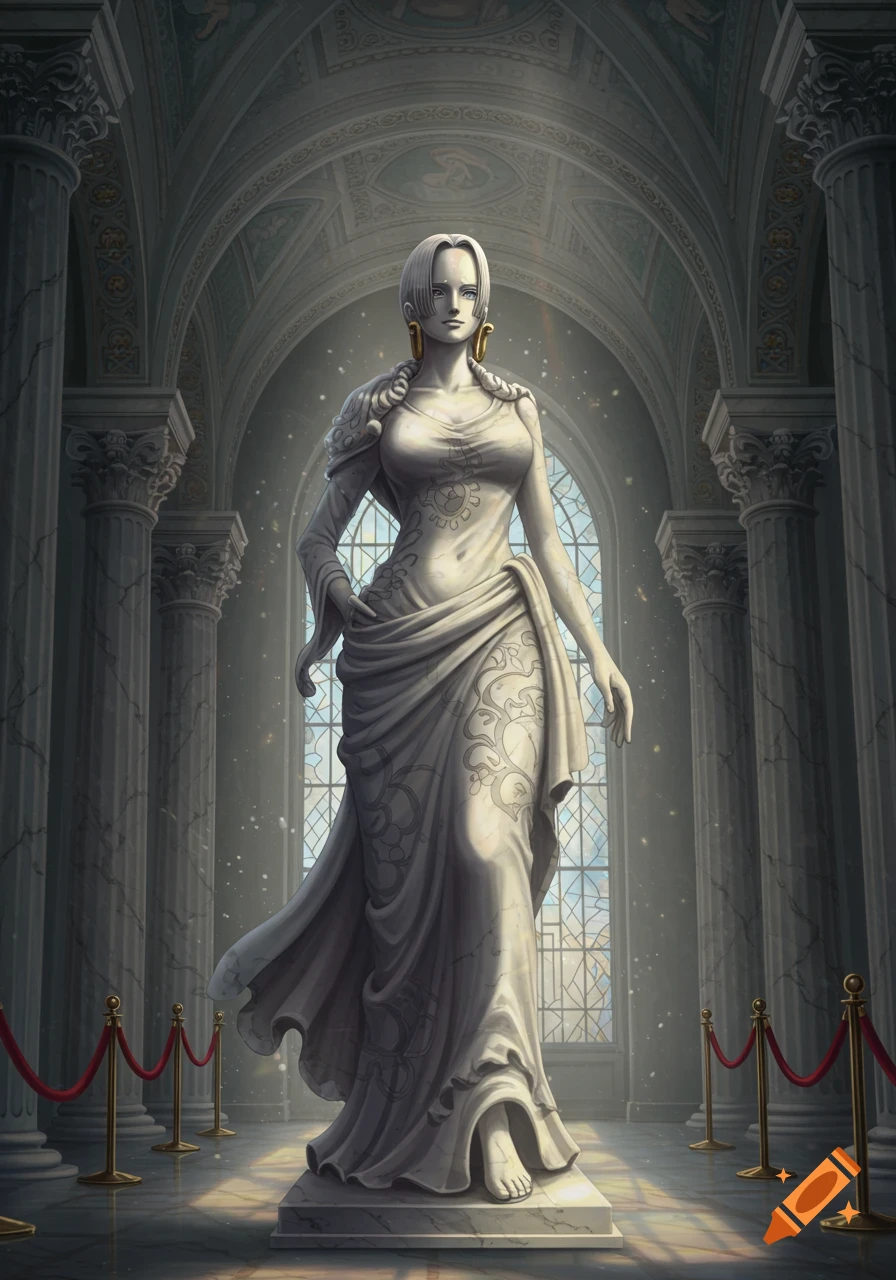 A white marble statue of Boa Hancock from One Piece, wearing a flowing dress with patterns, stands in a grand, ornate museum hall with large windows.