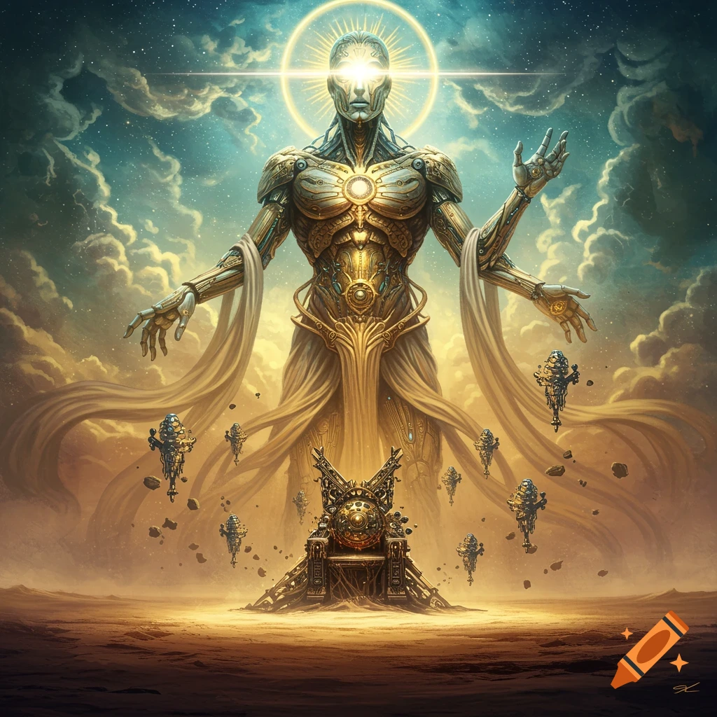 A majestic golden biomechanical god with glowing eyes stands above an ornate throne in a vast cosmic desert landscape.