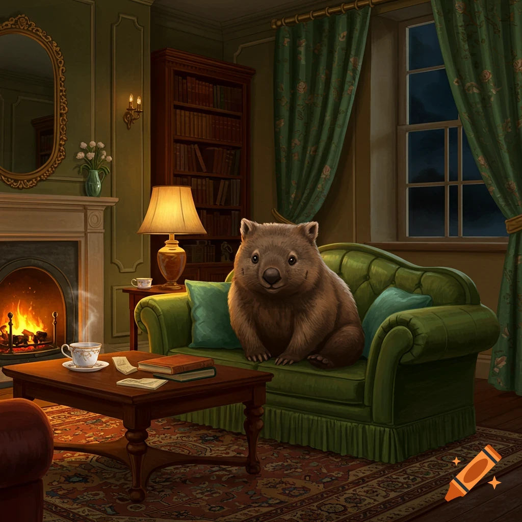 A fluffy wombat sits on a green couch in a cozy vintage living room with a fireplace and bookshelf.
