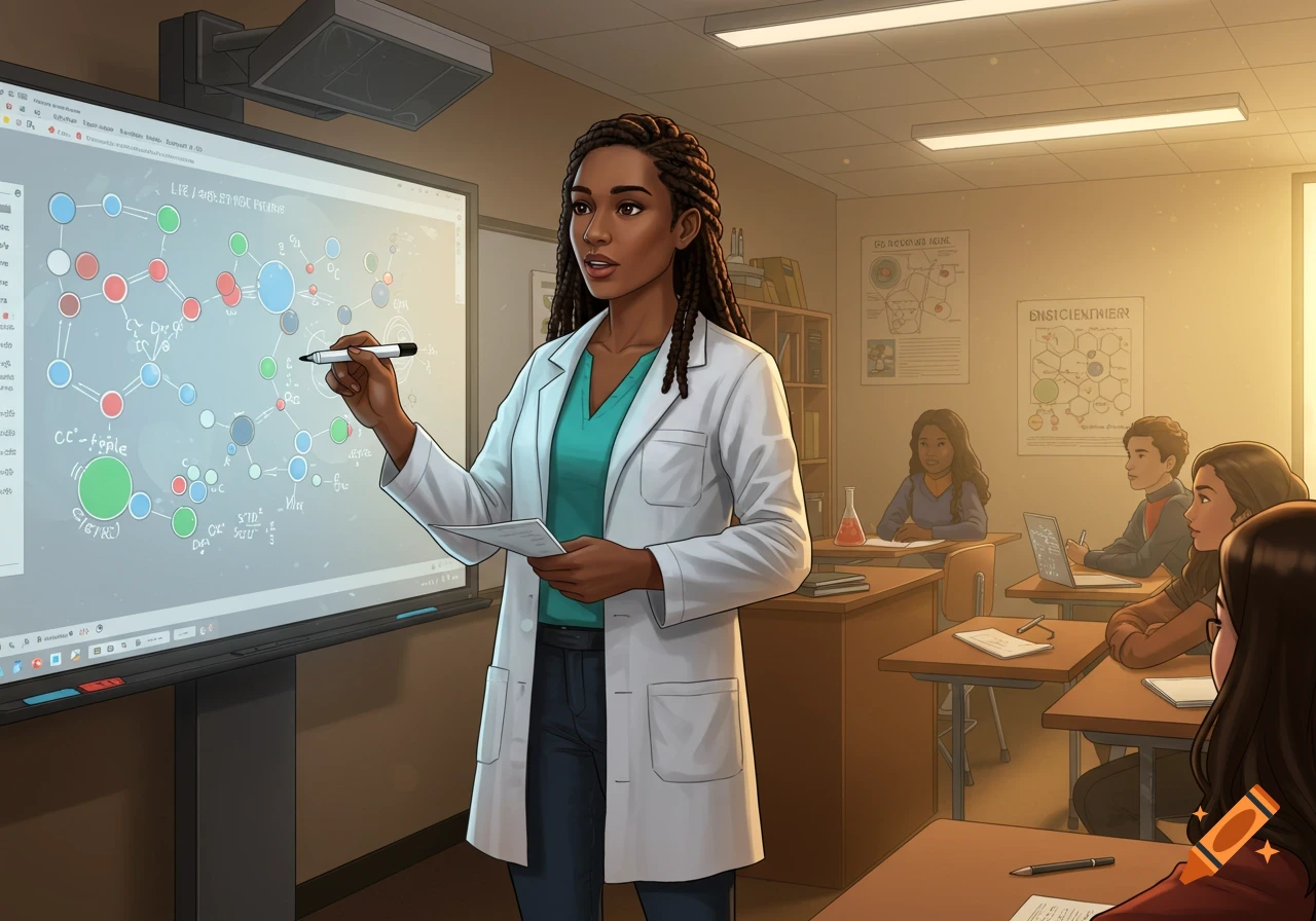 A black female science teacher in a lab coat points at a large screen displaying molecular structures while students watch in a classroom.