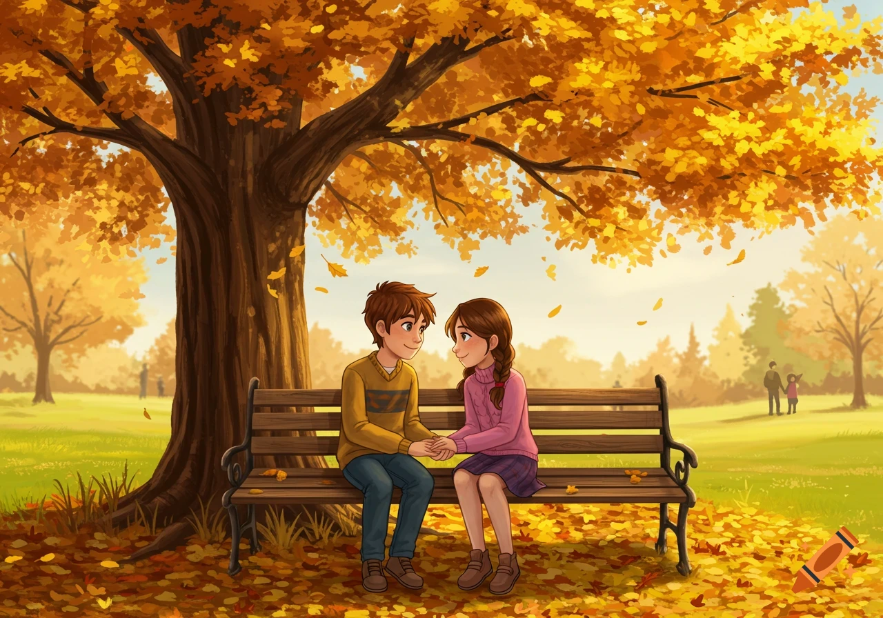 Cartoon illustration of a young boy and girl holding hands on a park bench under a large autumn tree with falling leaves.