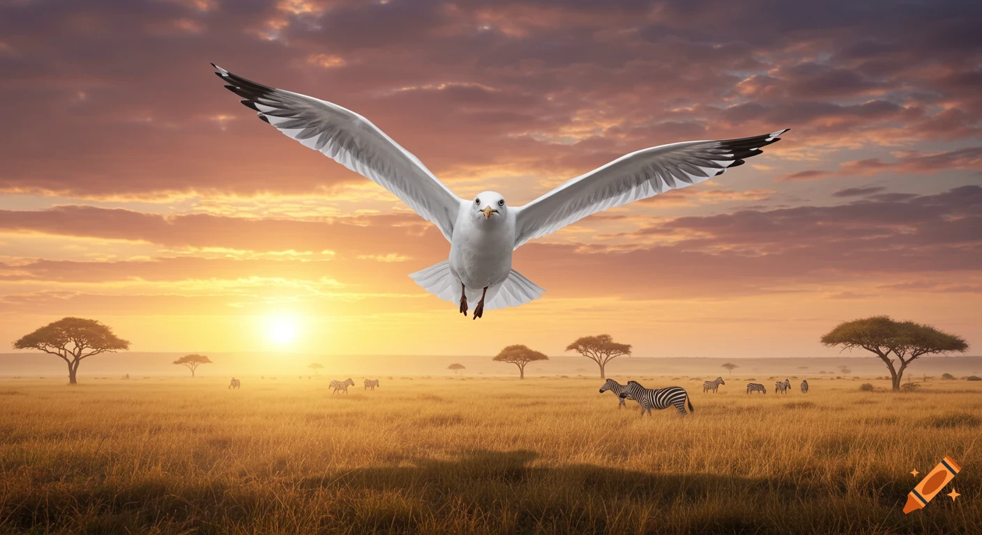 A white seagull flies over a golden savanna at sunset, with distant acacia trees and zebras.