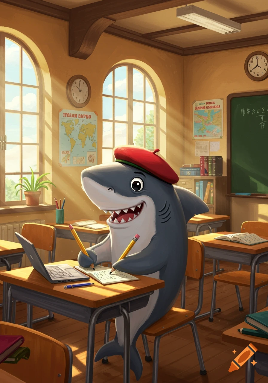 A cartoon shark wearing a red beret is happily writing in a notebook at a desk in a sunlit classroom, with a laptop nearby.