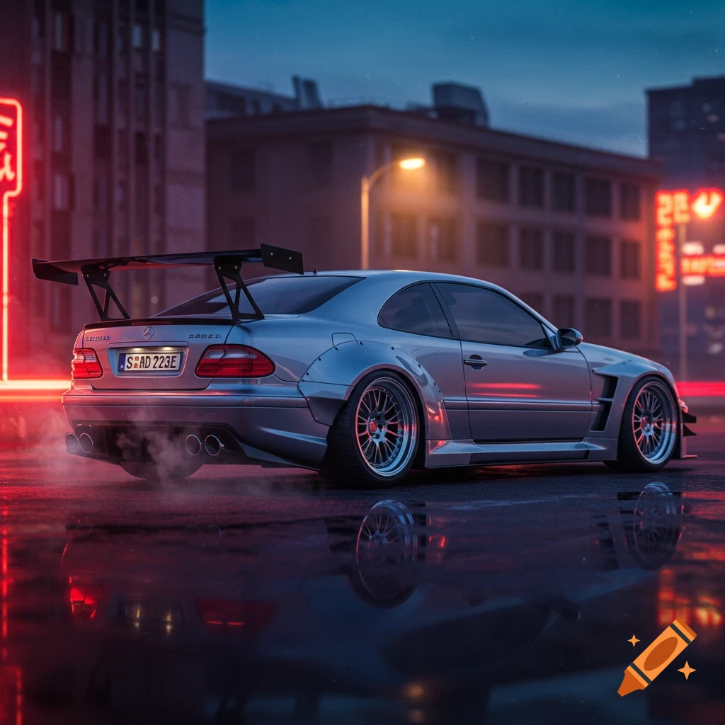 A silver Mercedes CLK with a wide body kit is parked on a wet city street at dusk, illuminated by neon lights.