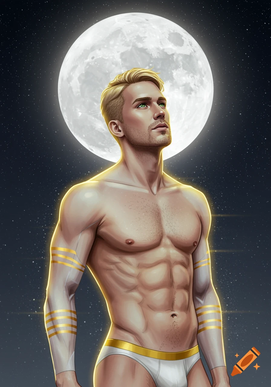 A glowing, muscular man in white briefs with gold trim looks up at a large full moon in a starry night sky.