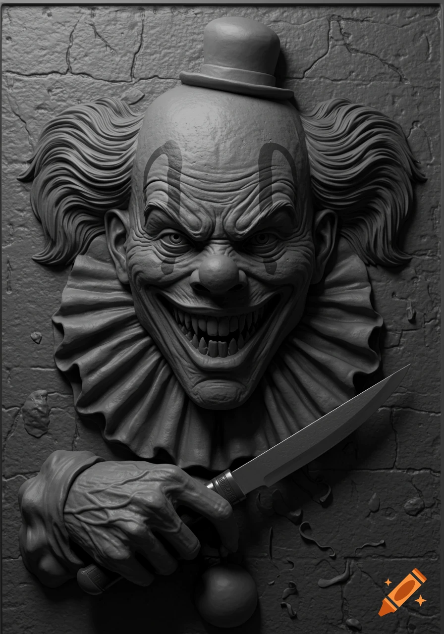 Grayscale bas relief of an evil clown with a wide grin, ruffled collar, and top hat, holding a carving knife against a cracked stone background.