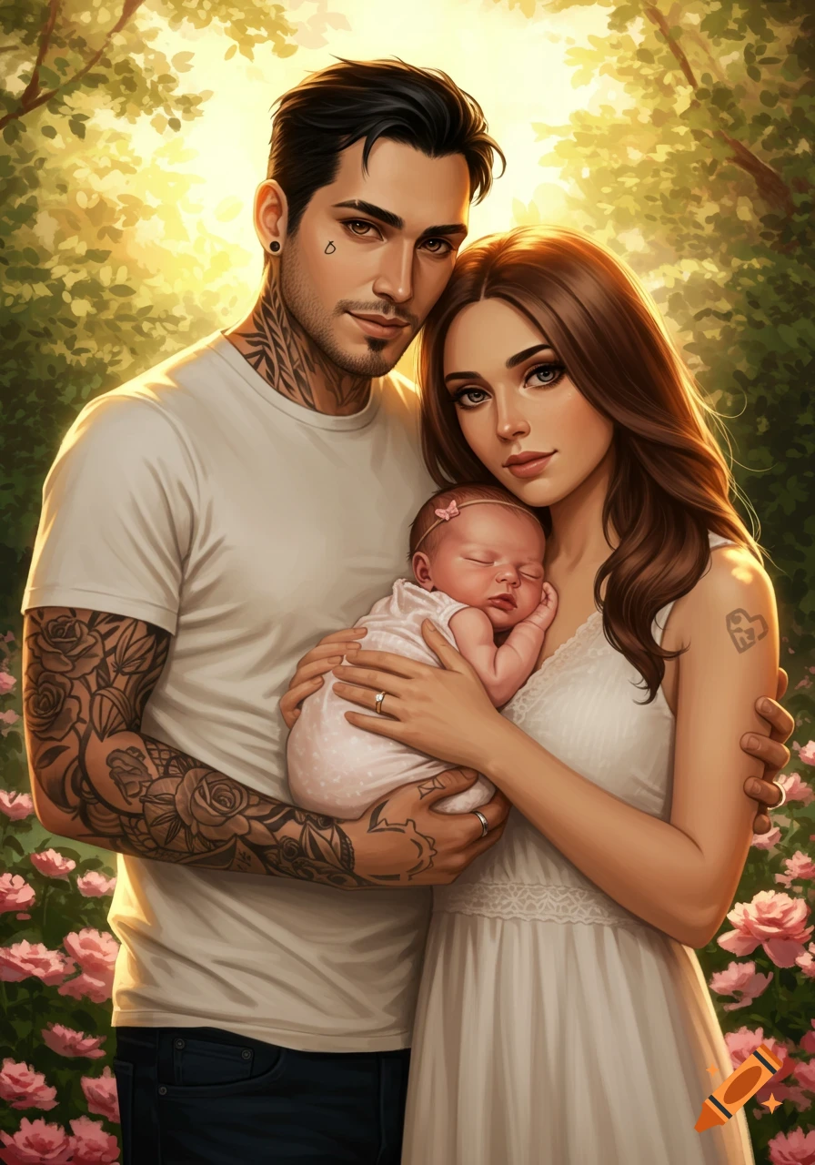 A man with tattoos and a woman in white embrace, holding a sleeping newborn baby in a sunlit garden with pink roses.