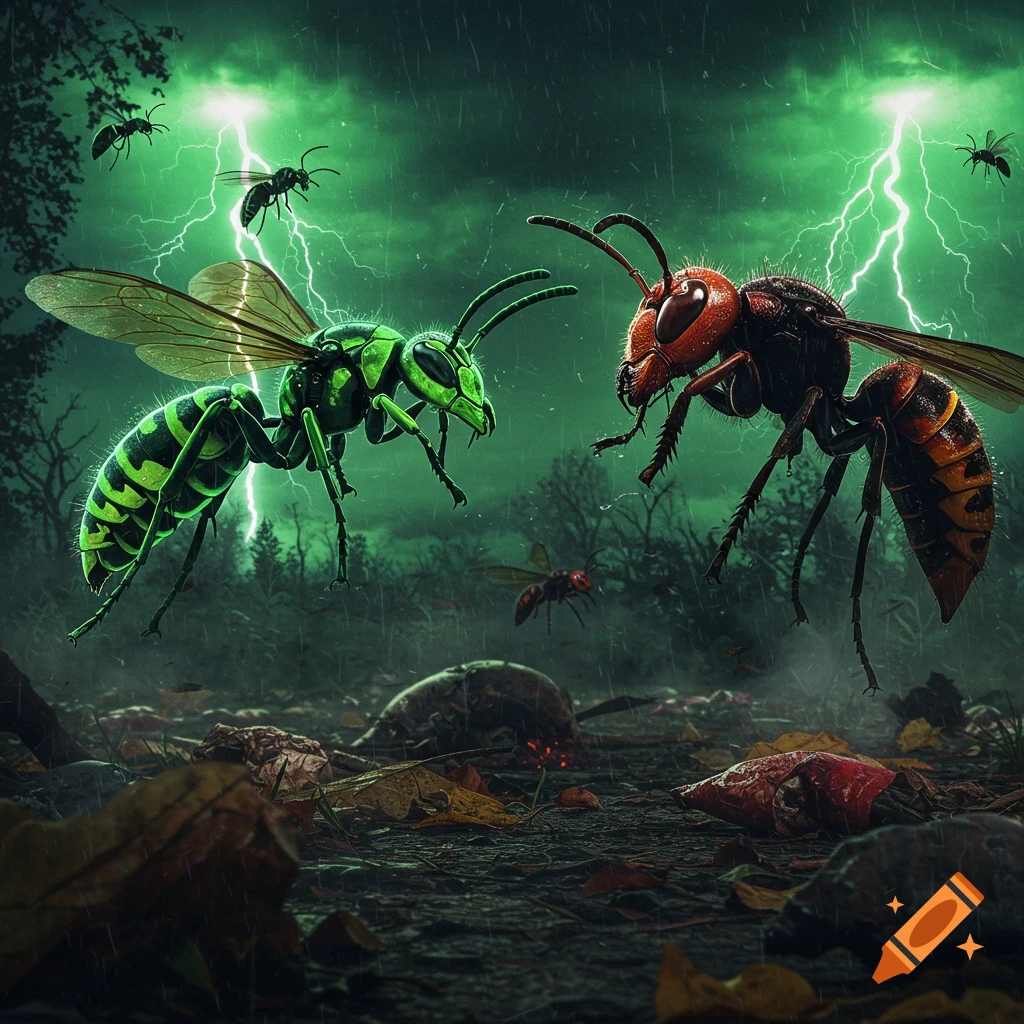 A giant green radioactive wasp and a red Asian murder hornet face off in a dark, rainy forest with lightning.