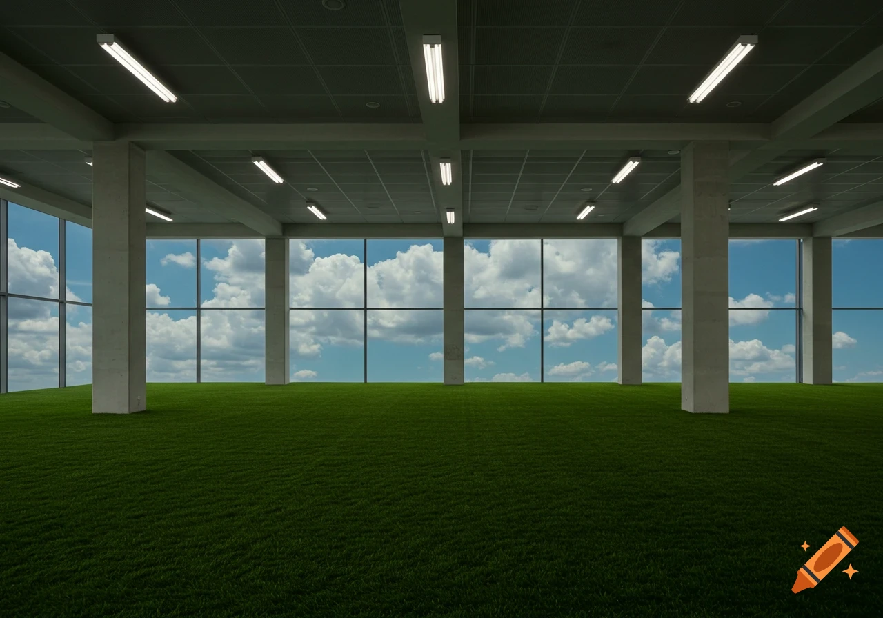An empty, large room with a grass floor, concrete pillars, fluorescent lights, and large windows revealing a blue sky with clouds.