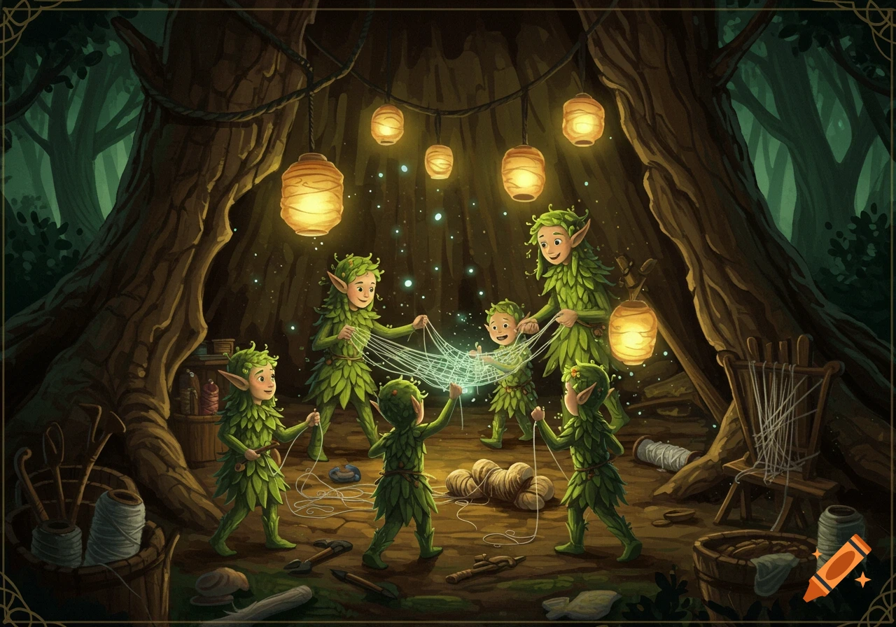 Illustration of green-clad forest elves working inside a tree stump, illuminated by glowing lanterns, making a web-like structure.