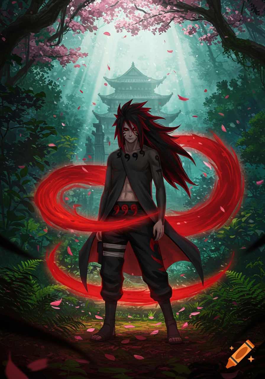 Anime character with red-streaked black hair, red eyes, and black robes with '999' symbols, surrounded by a red aura in a mystical forest with a temple.