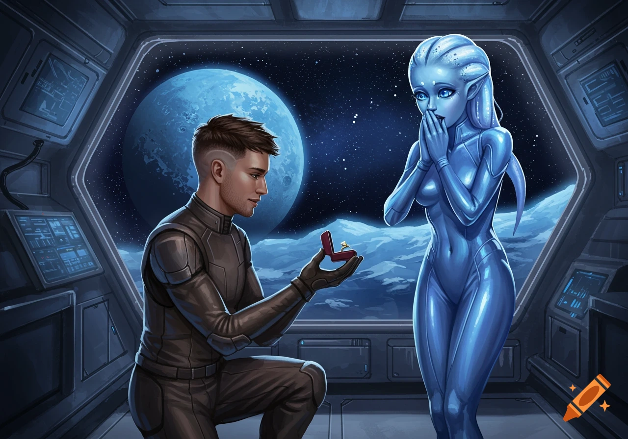 A human man in a futuristic suit kneels inside a spaceship, presenting an engagement ring to a blue-skinned alien woman. A large blue planet is visible through the window.